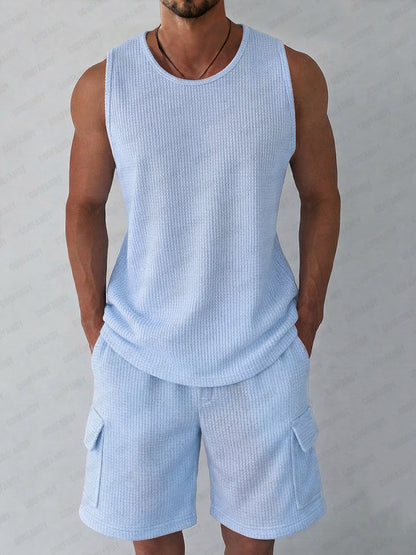 Athleisure Waffle Knit Tank Top Shorts Set