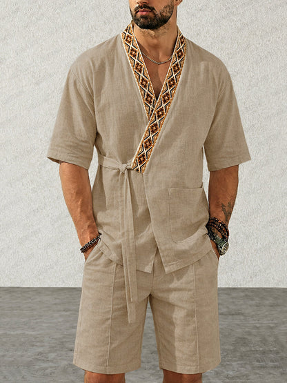 Casual Washed Cotton Kimono Shirt Shorts Set