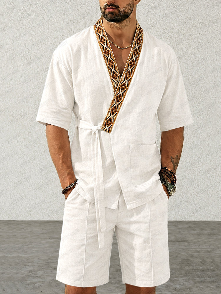 Casual Washed Cotton Kimono Shirt Shorts Set