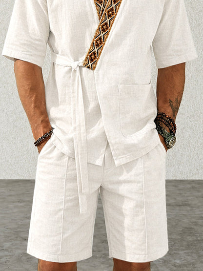 Casual Washed Cotton Kimono Shirt Shorts Set
