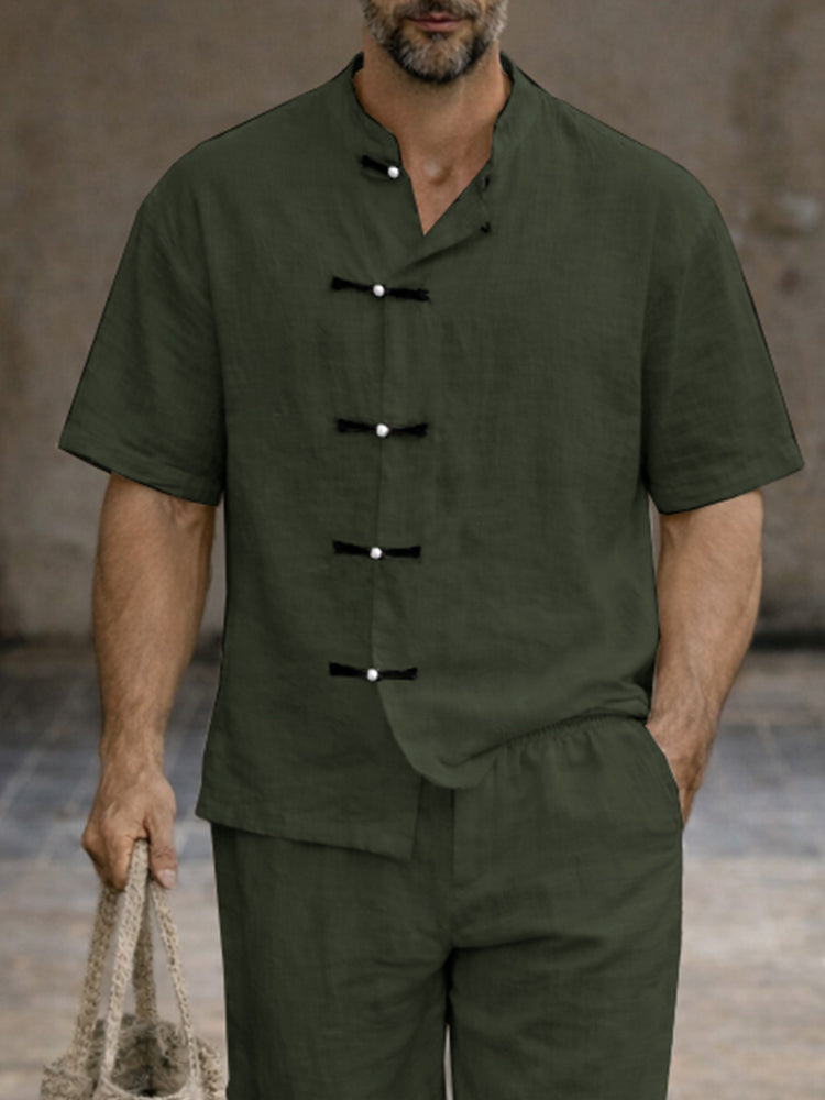 Vintage Frog Button Washed Cotton Shirt Set