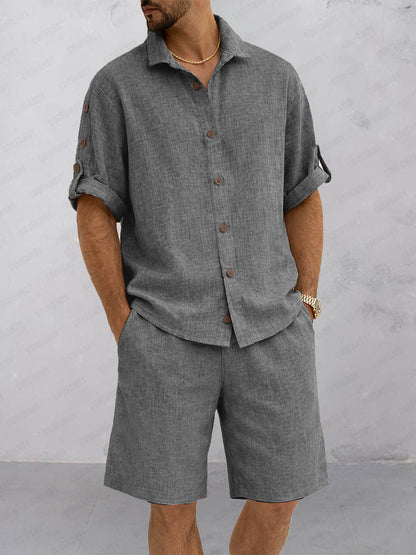 Essential Textured Shirt Shorts Set with Rollable Sleeves