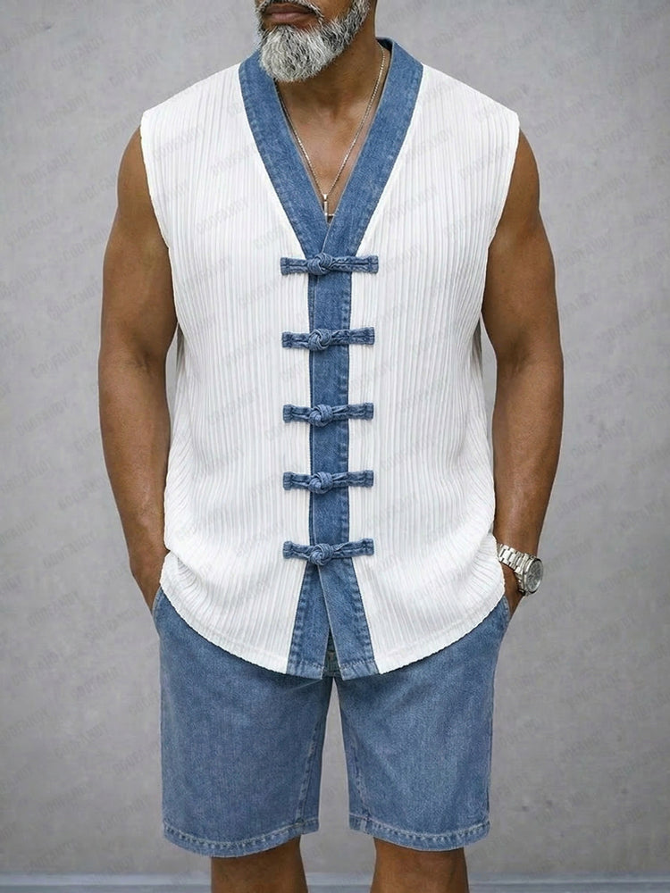 Casual Contrast Denim Textured Vest Shorts Set