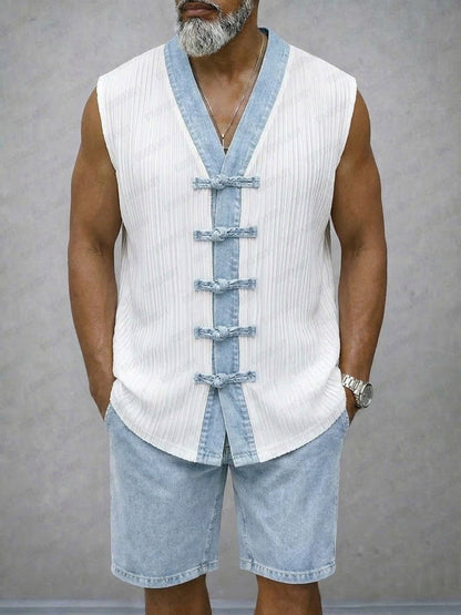 Casual Contrast Denim Textured Vest Shorts Set