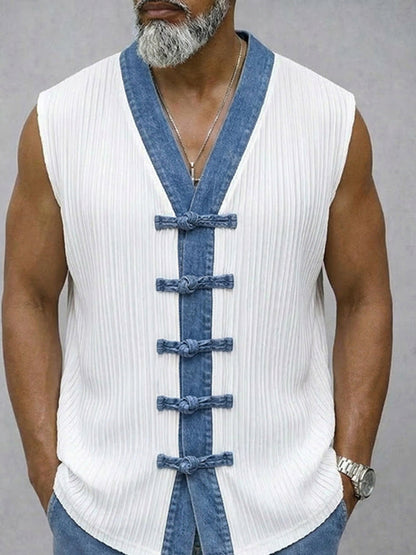 Casual Contrast Denim Textured Vest Shorts Set