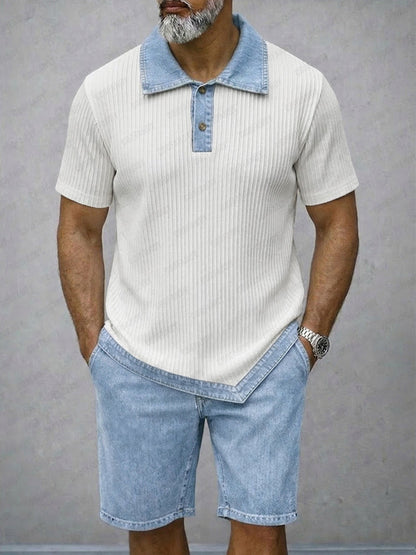 Casual Summer Contrast Denim Textured Matching Set