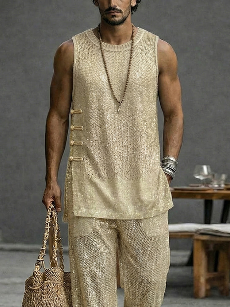 Casual Vacation Openwork Tank Top Pants Set