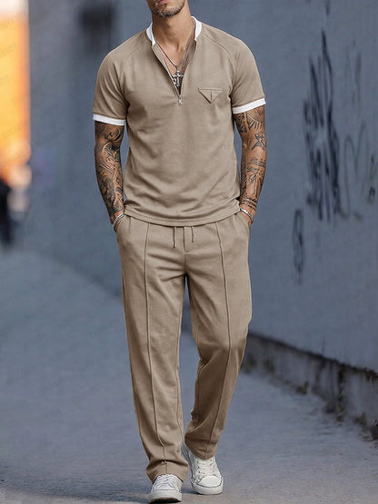 Smart Casual Contrast Color Half Zip T-Shirt Set