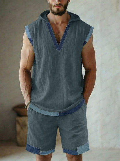 Street Style Denim Patchwork Tank Top and Shorts Set