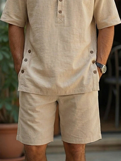 Casual Summer Button Design Cotton Shirt Set