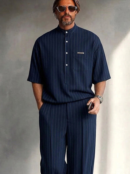 Urban Casual Pinstripe Henley Neck T-Shirt Set