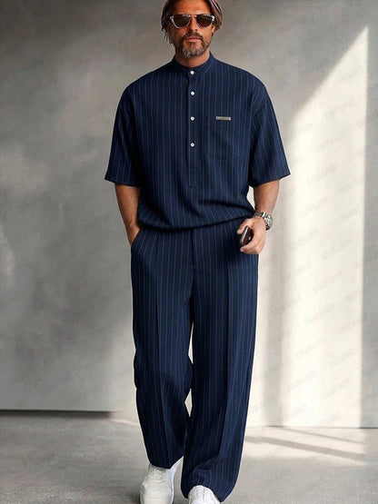 Urban Casual Pinstripe Henley Neck T-Shirt Set