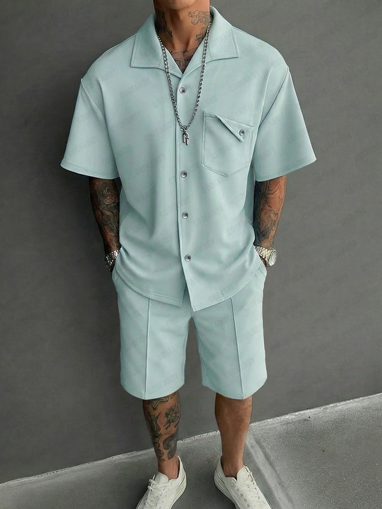 Casual Design Pocket Short Sleeve Shirt Shorts Set