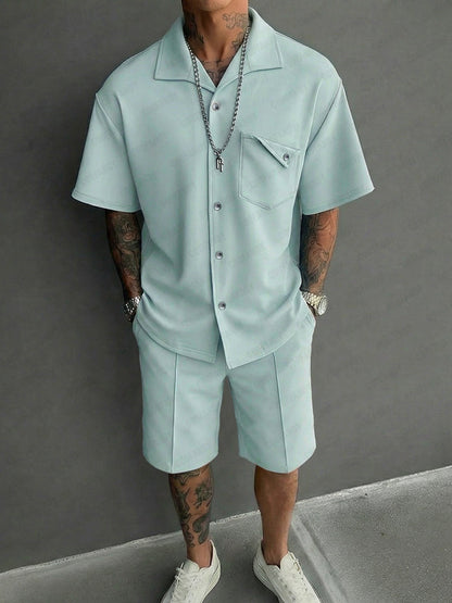 Casual Design Pocket Short Sleeve Shirt Shorts Set