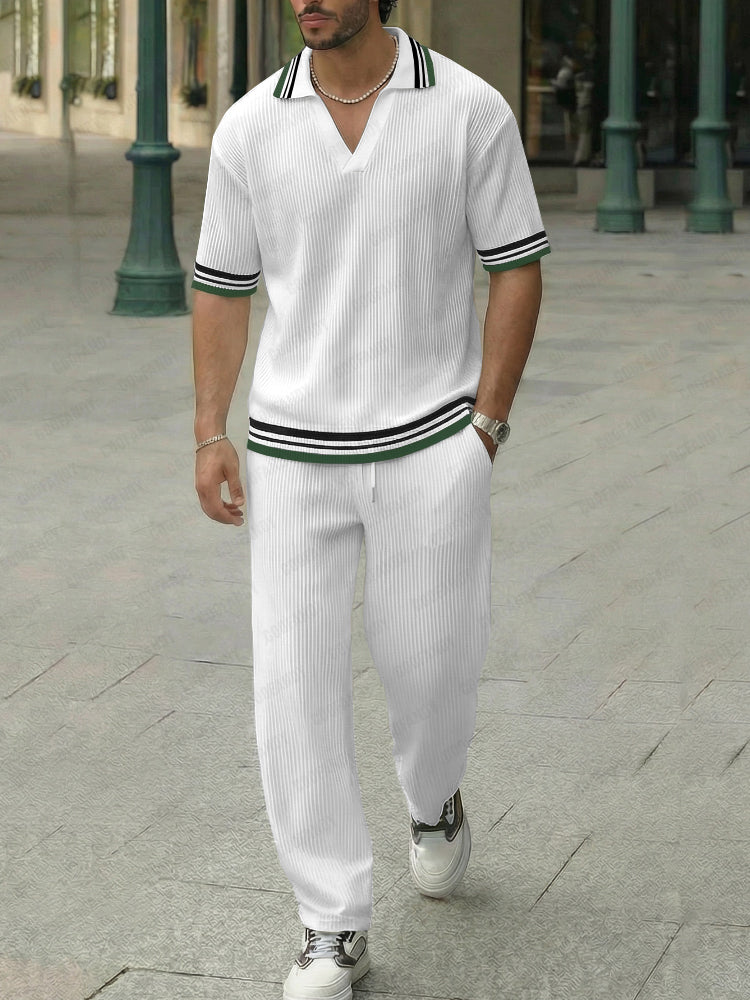 Urban Casual Contrast Color Stripe Trim Polo Pants Set