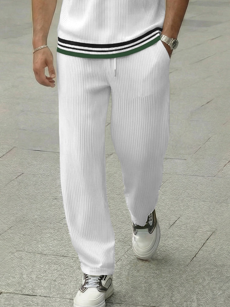 Urban Casual Contrast Color Stripe Trim Polo Pants Set