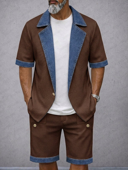 Modern Casual Contrast Trim Waffle Blazer Shorts Set