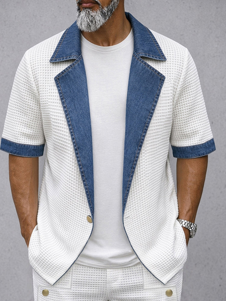 Modern Casual Contrast Trim Waffle Blazer Shorts Set