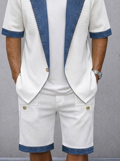 Modern Casual Contrast Trim Waffle Blazer Shorts Set