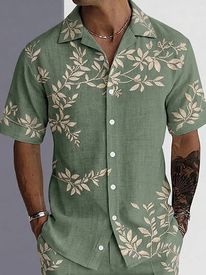 Casual Tropical Leaves Print Shirt and Shorts Set