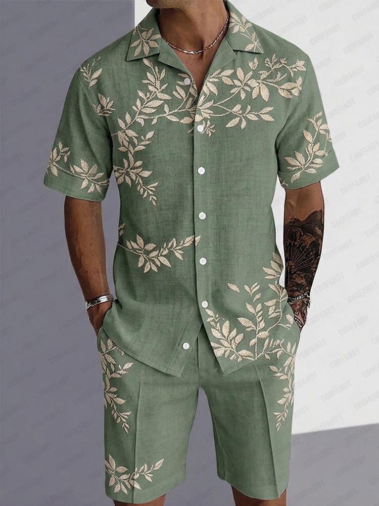 Casual Tropical Leaves Print Shirt and Shorts Set