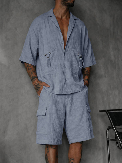 Casual 100% Cotton Textured Shirt Shorts Set