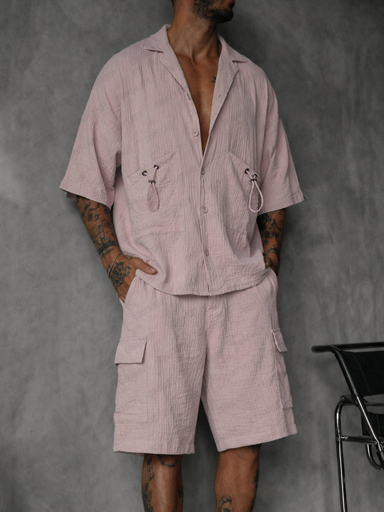 Casual 100% Cotton Textured Shirt Shorts Set