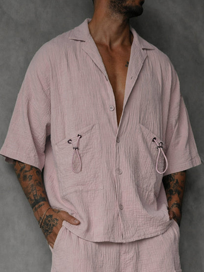 Casual 100% Cotton Textured Shirt Shorts Set