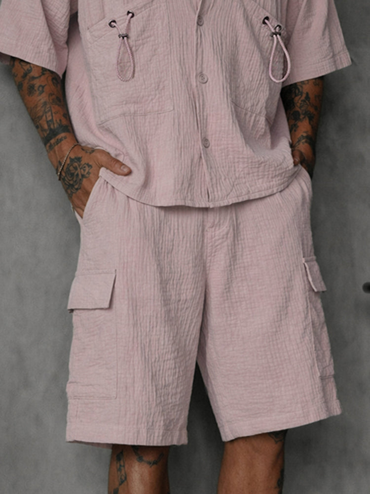 Casual 100% Cotton Textured Shirt Shorts Set
