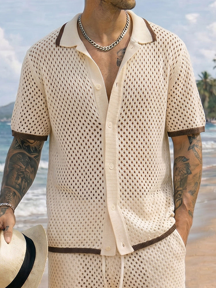 Summer Beach Crochet Knit Shirt Shorts Set