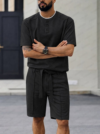 Versatile Style Henley T-Shirt Shorts Set