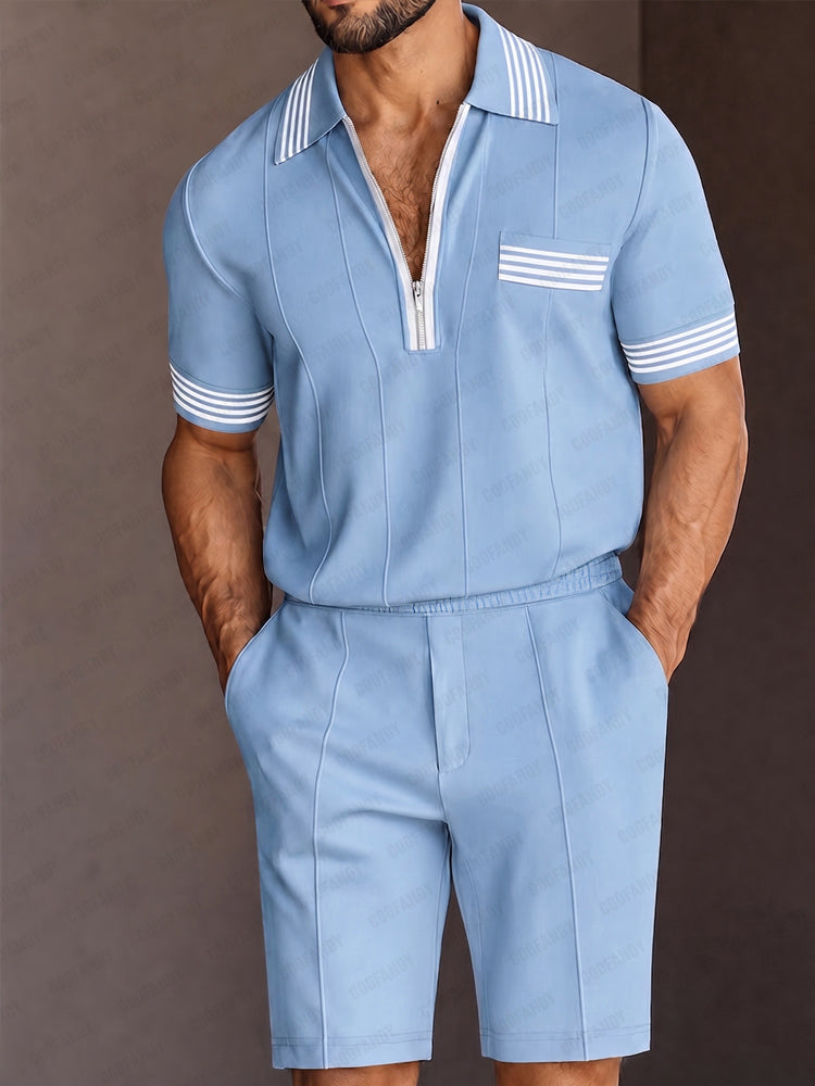 Summer Casual Contrast Stripe Polo Shirt Set