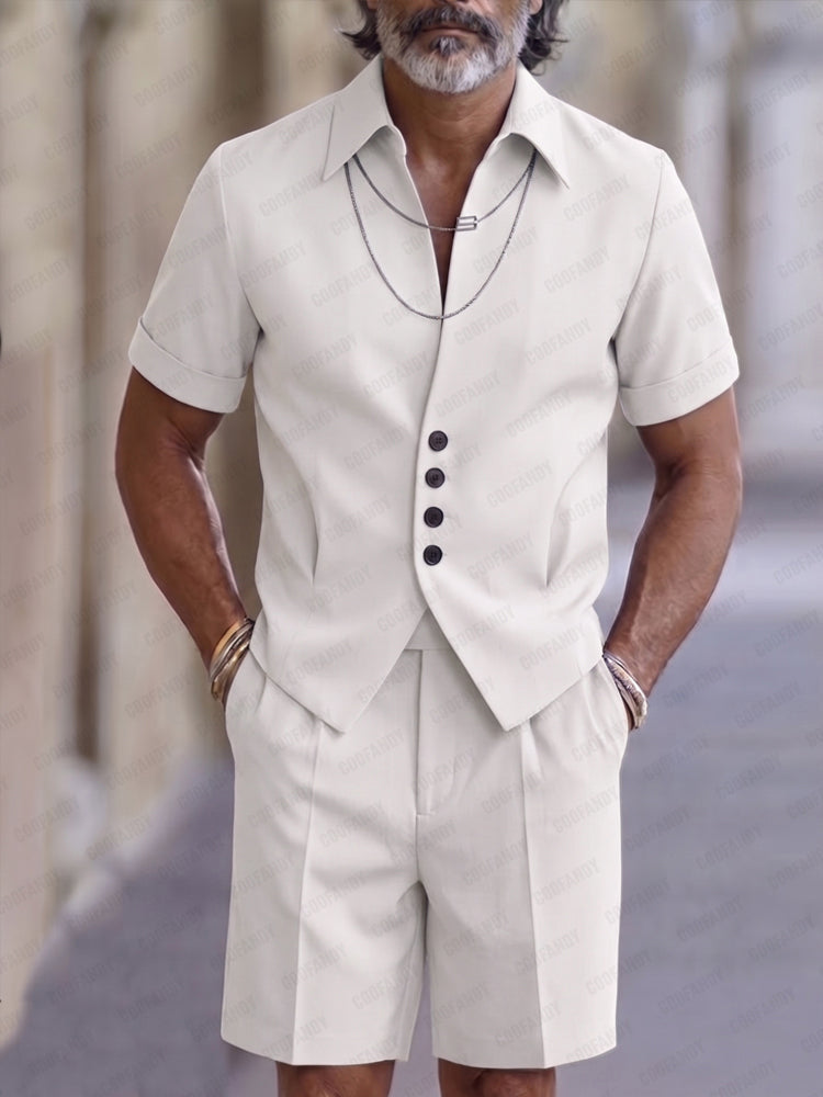 Refined Button Placket Short Sleeve Shirt Shorts Set