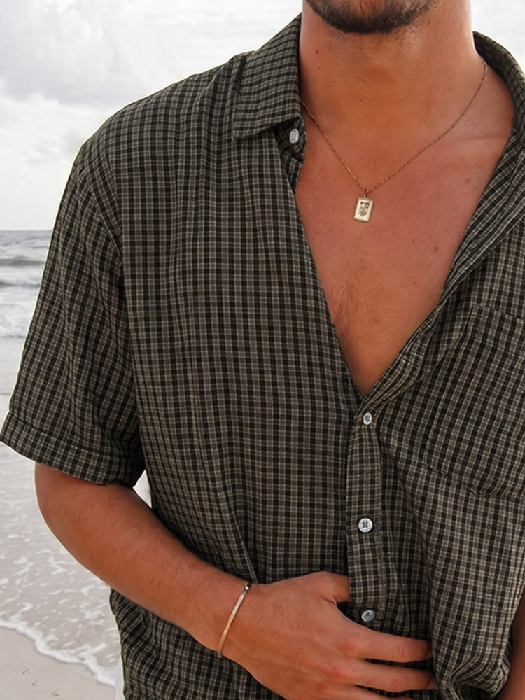 Classic Casual Plaid Short Sleeve Shirt with Pocket