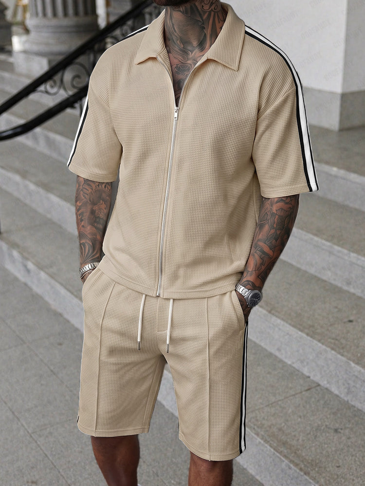 Athleisure Contrast Piping Waffle Shirt Shorts Set