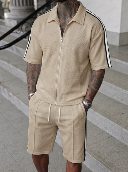 Athleisure Contrast Piping Waffle Shirt Shorts Set