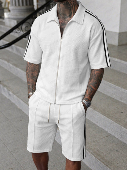 Athleisure Contrast Piping Waffle Shirt Shorts Set