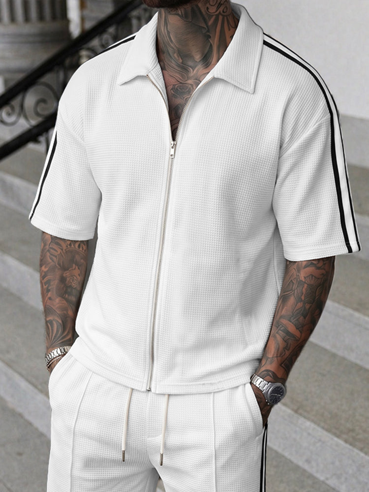 Athleisure Contrast Piping Waffle Shirt Shorts Set