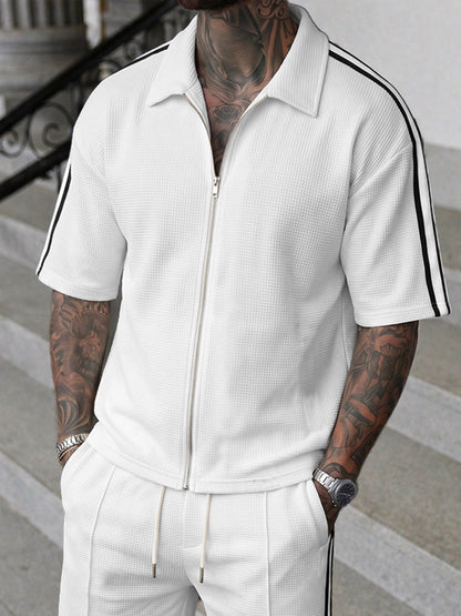 Athleisure Contrast Piping Waffle Shirt Shorts Set