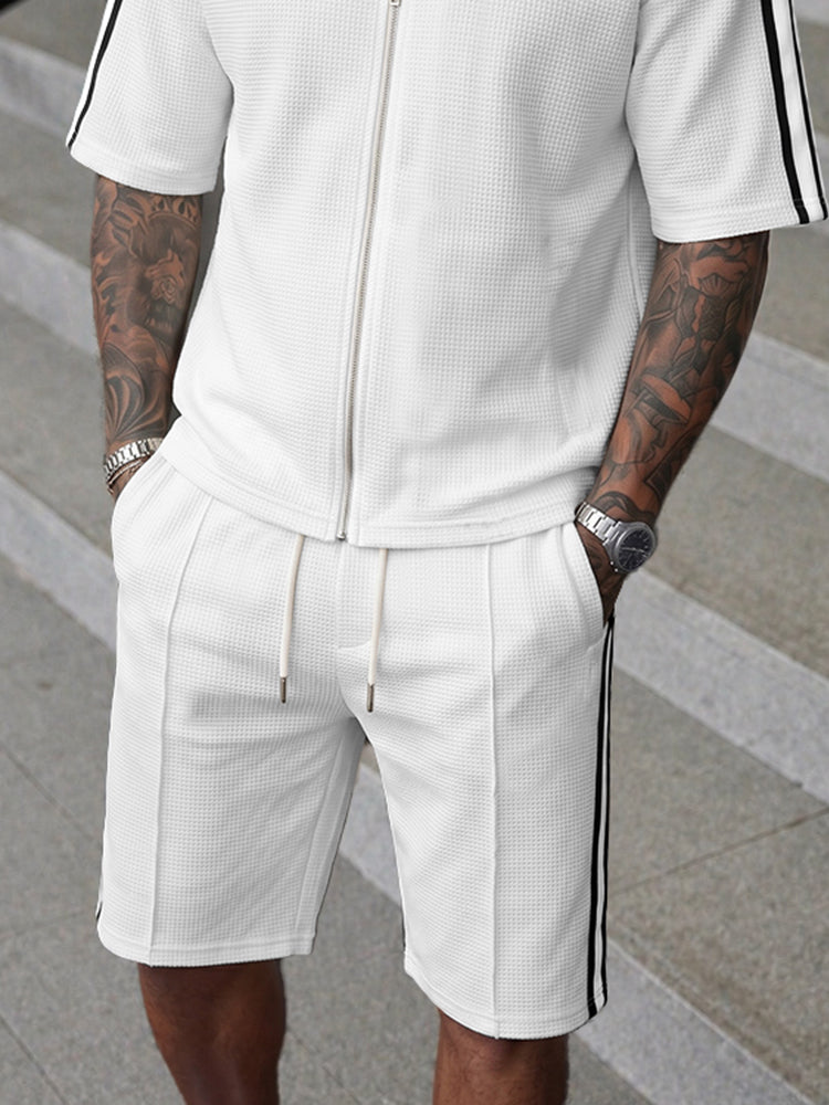 Athleisure Contrast Piping Waffle Shirt Shorts Set