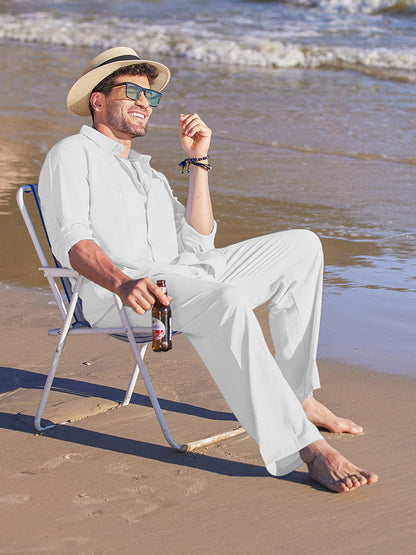 Casual Vacation Style Long Sleeve Shirt Pants Set