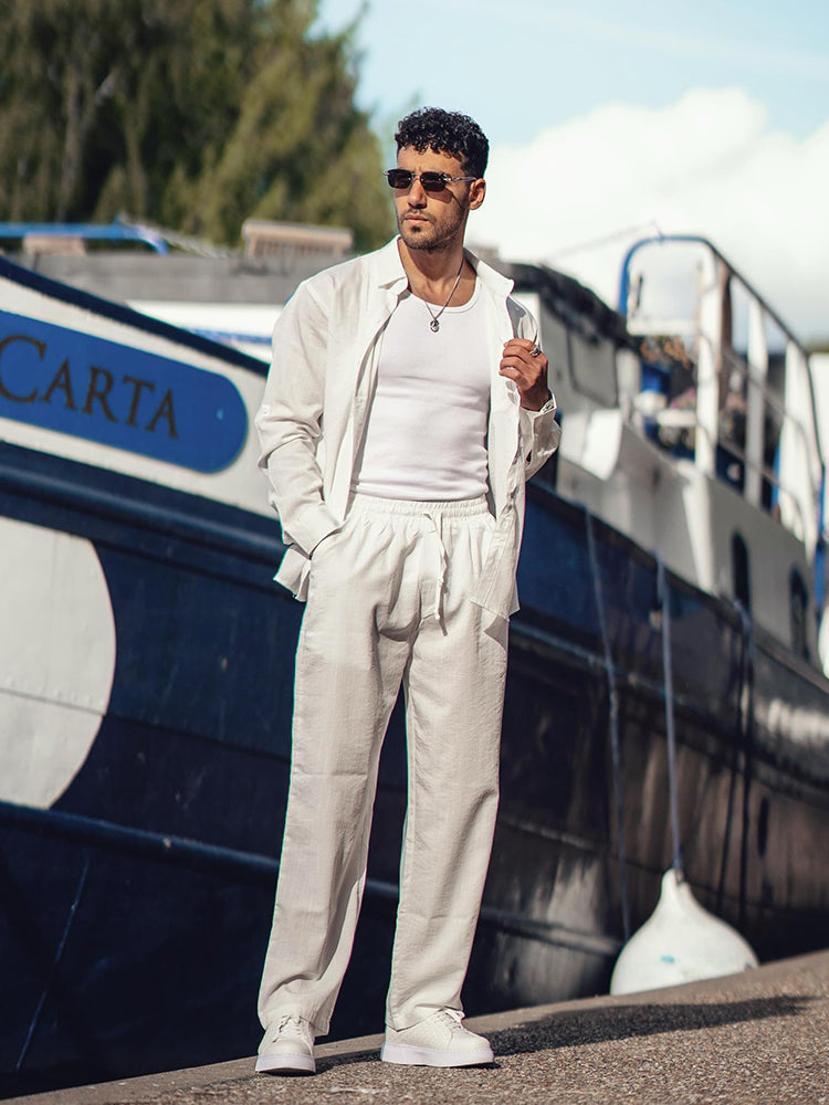 Casual Vacation Style Long Sleeve Shirt Pants Set