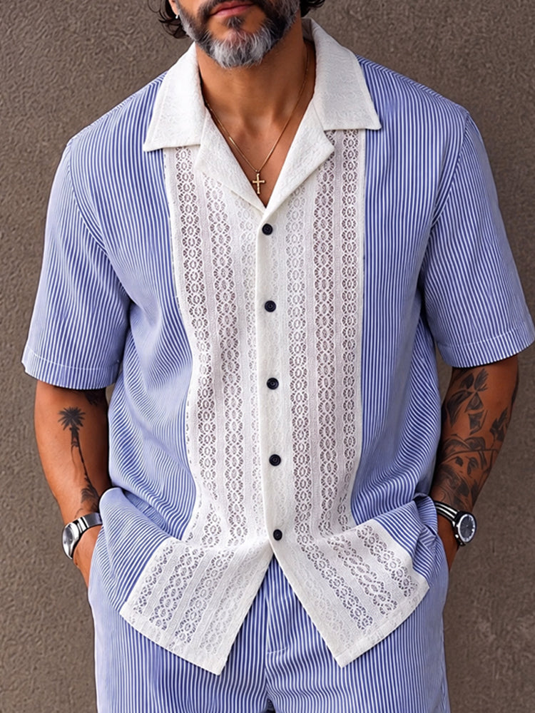 Resort Casual Lace Patchwork Striped Shirt Shorts Set
