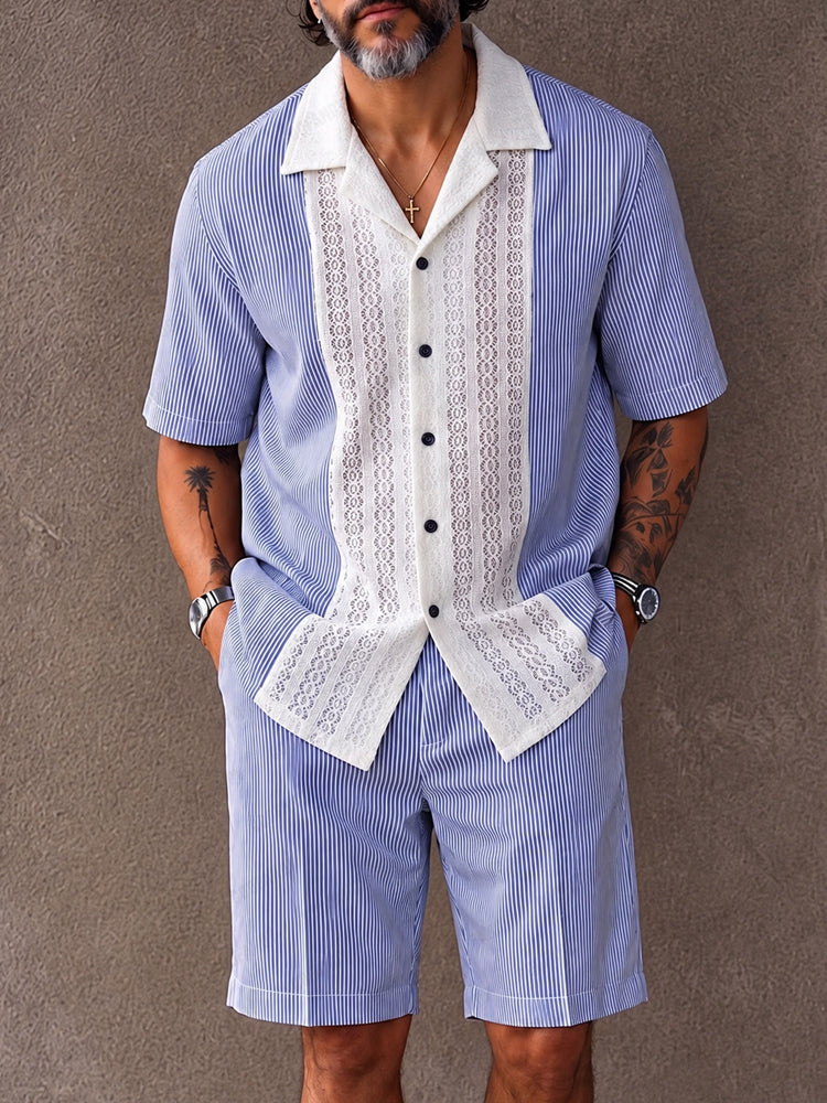 Resort Casual Lace Patchwork Striped Shirt Shorts Set