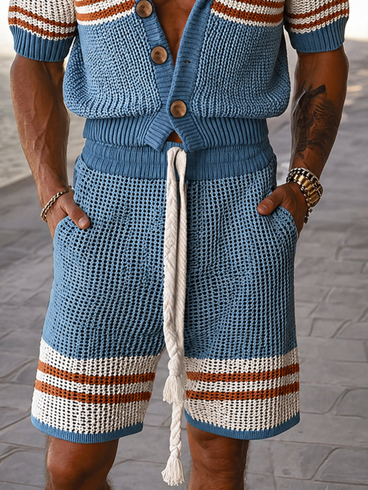 Casual Colorblock Stripe Crochet Knit Matching Set