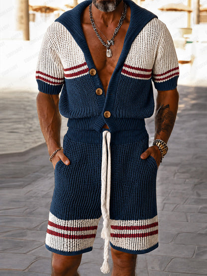 Casual Colorblock Stripe Crochet Knit Matching Set