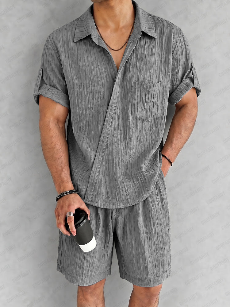 Casual Textured Slant Placket Shirt Shorts Set