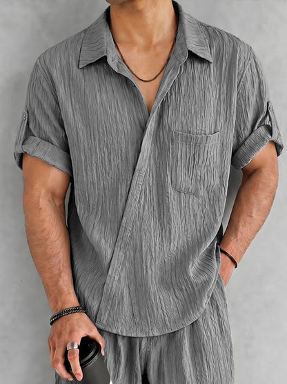 Casual Textured Slant Placket Shirt Shorts Set