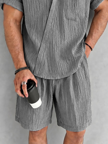 Casual Textured Slant Placket Shirt Shorts Set