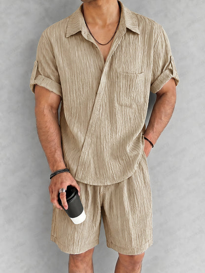 Casual Textured Slant Placket Shirt Shorts Set